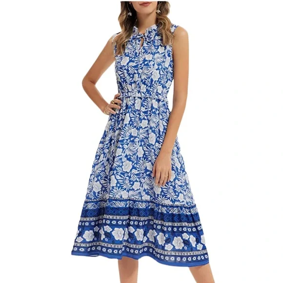 Grace Karin Dresses | Summer Sleeveless Boho Floral Midi Dress | Color: Blue/White | Size: M | Rxjill's Closet